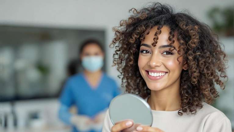 woman holding a mirror while smiling